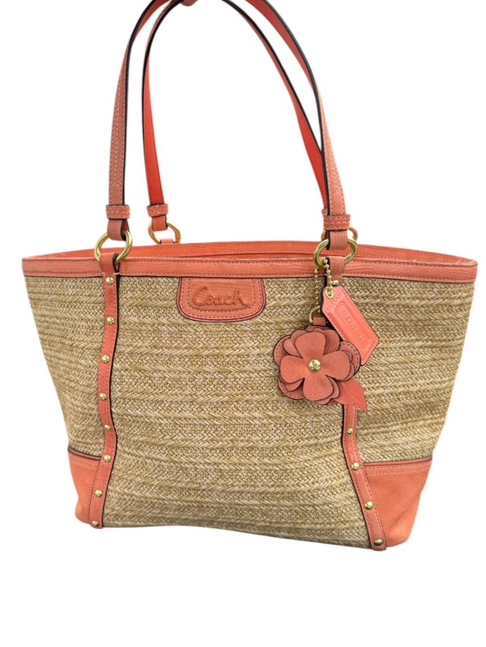 NWOT Coach Alexandra Straw with Coral Trim & Flower Charm